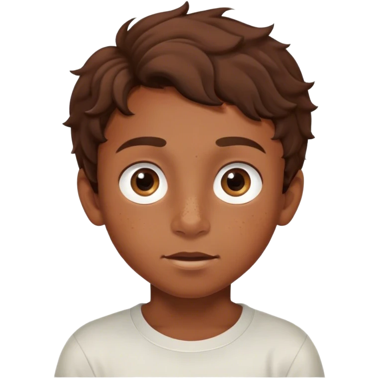 A young boy with wavy brown hair, large expressive eyes, and freckles across his cheeks. He has a curious and adventurous expression, with slightly raised eyebrows and a gentle smile emoji