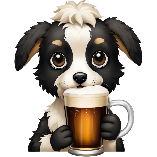 Black Puppy. Jackapoo. White and black face. Black pointy floppy ears. Black circles around eyes. Holding a Guinness beer. The dog does not have brown hair emoji