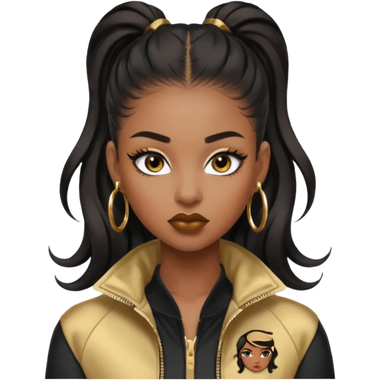 “black Emoji girl, fierce confident expression, sharp black winged eyeliner, bold brows, matte nude lips, long curled lashes, sleek high ponytail, gold hoop earrings, sporty streetwear jacket.” emoji