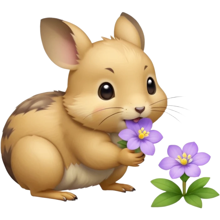 small round pika on all fours, turned at an angle, biting a small light purple flower in its mouth emoji