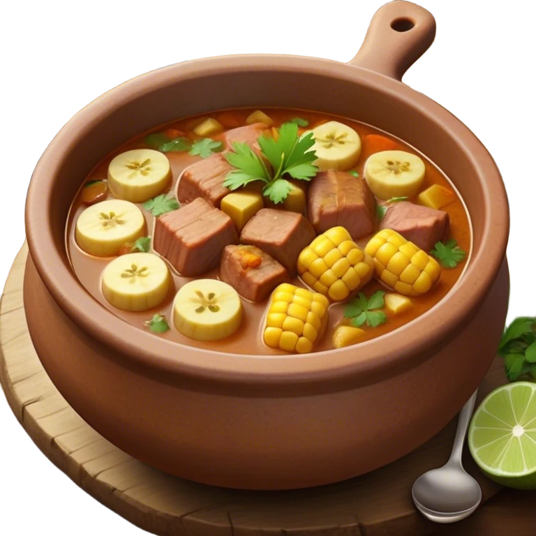 Cinematic Realistic Sancocho Antioqueño Emoji, depicting a hearty Colombian stew brimming with tender cuts of meat, yuca, plantains, corn on the cob, and potatoes in a rich, flavorful broth. Served in a rustic clay bowl with fresh cilantro and lime on the side, rendered with warm, inviting textures and homely, comforting lighting. emoji