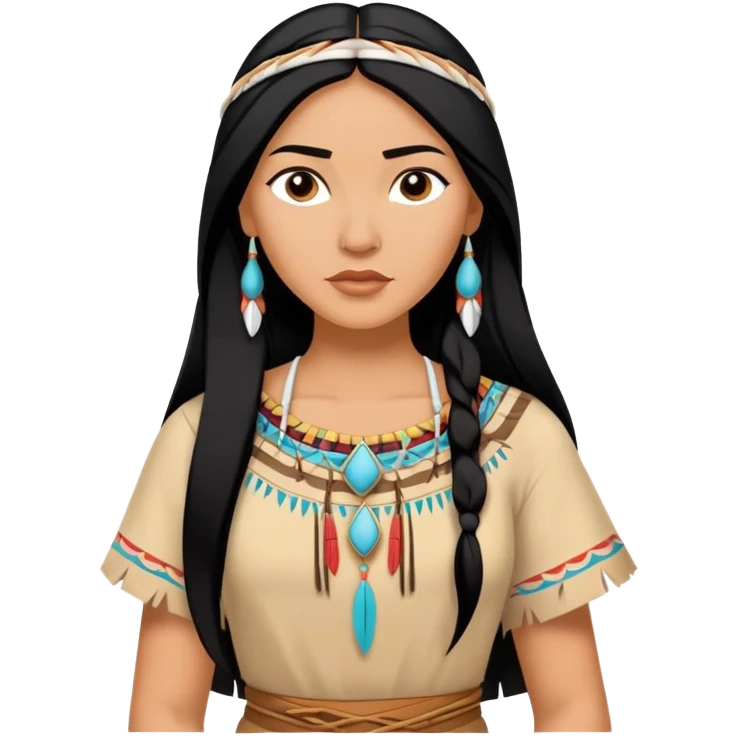 Pocahontas from hips up, Native American dress, long black hair, minimal style, larger size emoji