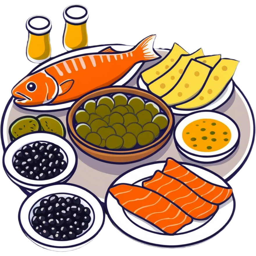 скатерть самобранка with a festive table setting including caviar, smoked fish, and pickles emoji