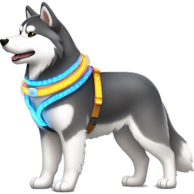 Alaskan malamute wearing led belt emoji