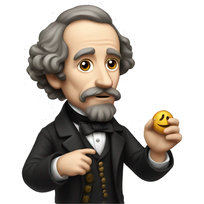 Charles Dickens holds an emoticon in his hand emoji