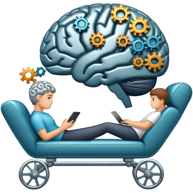 An icon featuring a brain with gears, a mind map, and a therapy couch, symbolizing psychology. The design includes a set of mental health tools and a silhouette of a person in deep thought, representing understanding the human mind. Transparent background emoji