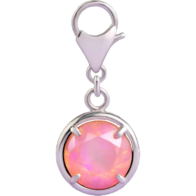 detailed close-up round cut pink fire opal charm with silver setting, silver jump ring, glossy and iridescent finish emoji