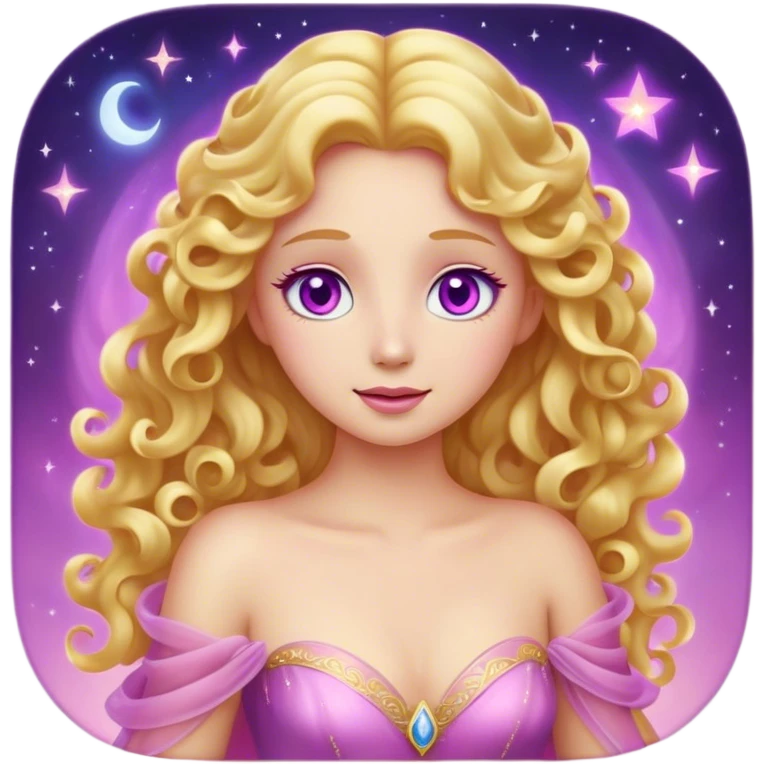 Cinematic Stunning Aurora Portrait Emoji, Ethereal in her flowing pink gown, golden curls shimmering, soft violet eyes filled with serenity, an enchanting glow surrounding her, capturing the beauty of a princess lost in a dream! emoji