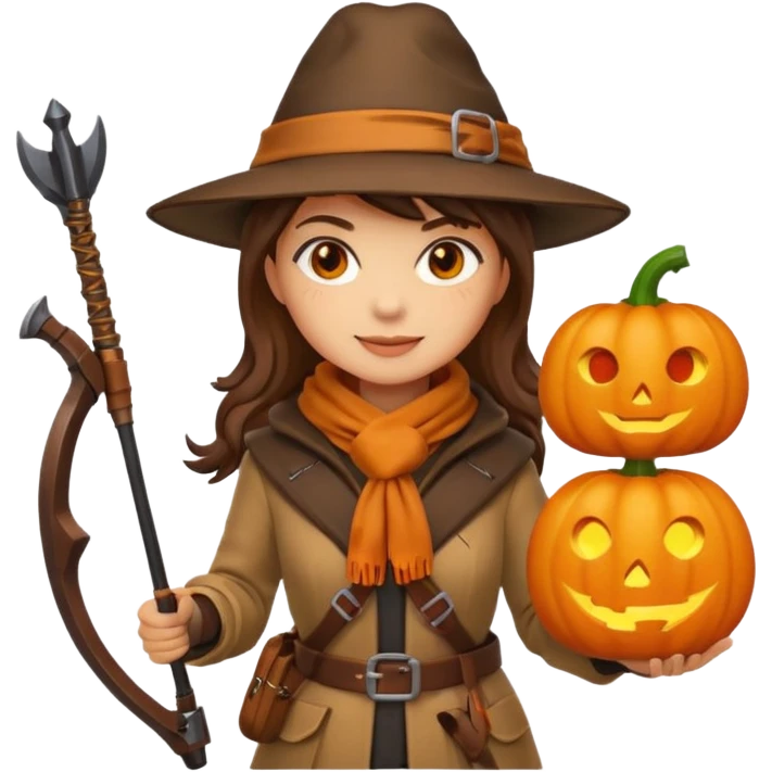 female human monster hunter emoji, wearing brown coat and hat, holding crossbow, soft smile, scarf, glowing pumpkin by her side, Halloween fantasy style, clean vector Apple emoji look, bright colors, white background, square emoji