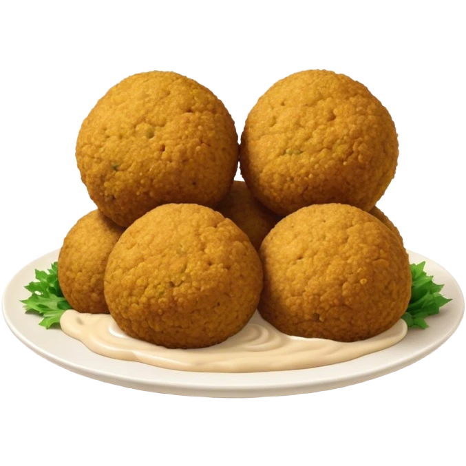 Cinematic Realistic Falafel Dish Emoji, depicted as crispy, golden falafel balls served with tahini sauce rendered with lifelike textures and vibrant, appetizing lighting. emoji