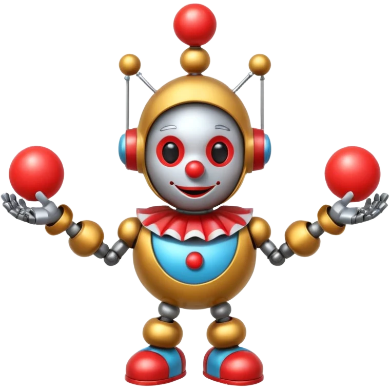 a Circus clown cute robot juggling two metal ball emoji