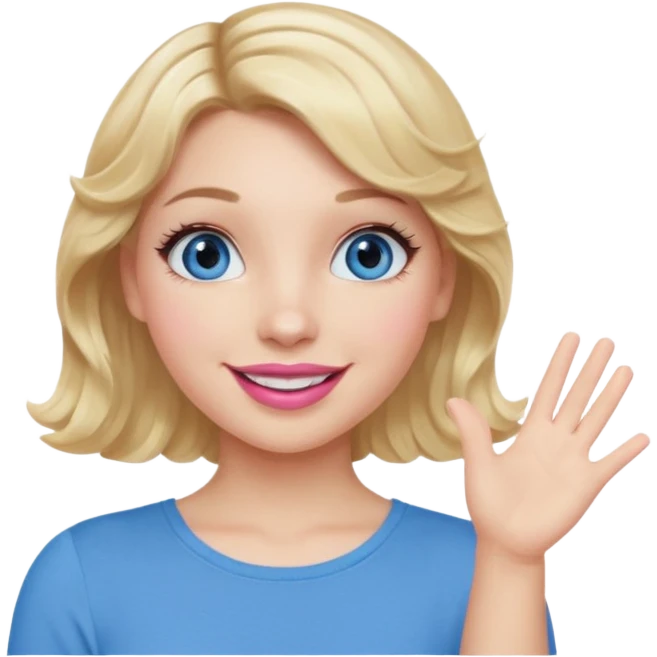Girl Blonde short wavy hair,  blue eyes, cute blue top, long lashes, pink lips, smiling, one hand in the air emoji