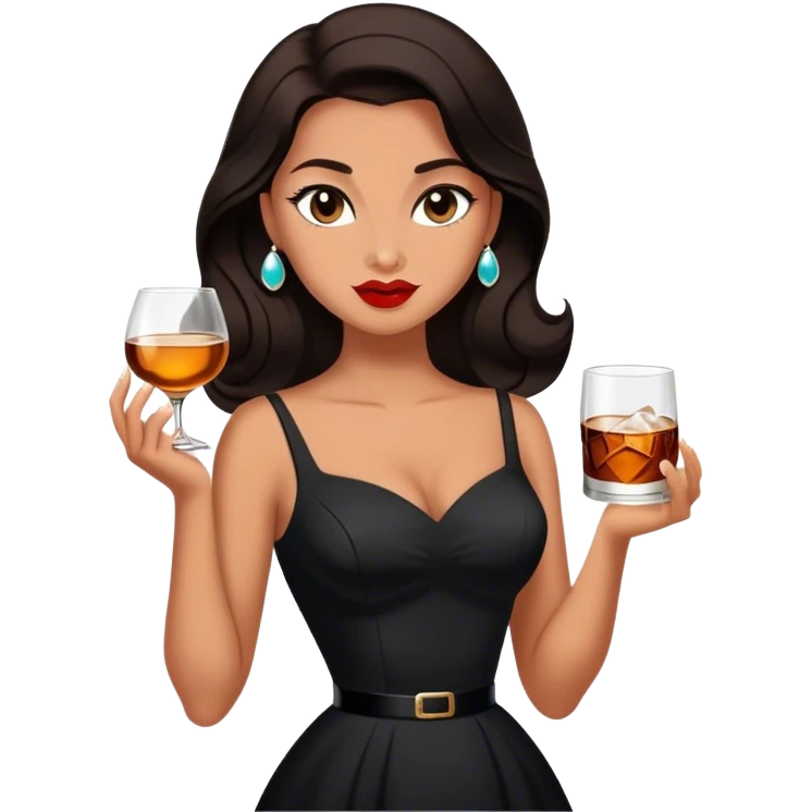 Beautiful woman in 1950’s woman fashion look, black dress, long dark brown hair, whisky with ice emoji