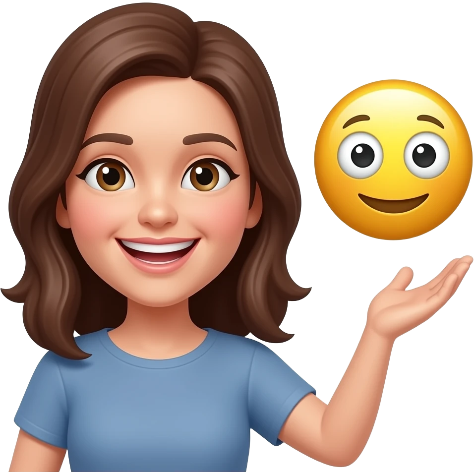 frau mit den mittellangen brauen haaren, sie grinst stark, sie steht neben emoji emoji