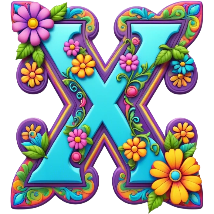3D, gothic style psychedelic colored Letter X with hippie style flower border emoji