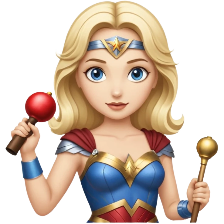 Blonde blue eyes Wonder Woman holding bell and short white orchestra conductor’s baton  emoji
