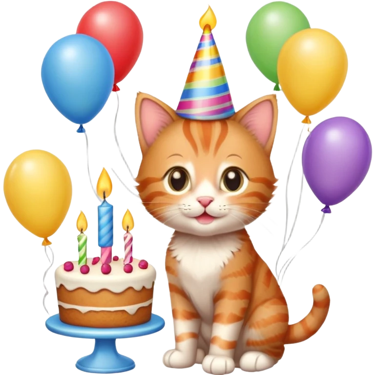 Ginger tabby kitten celebrates birthday, birthday hat, birthday cake, one candle, balloons, happy, gifts emoji