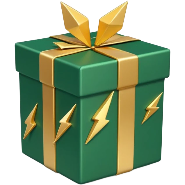 3D minimal open gift box with small floating icons coming out (envelope, lightning bolt, sparkle), matte finish, deep green (#0B3D2C) box, gold (#C9B037) icons, Apple style, ultra minimal, soft shadow, transparent background emoji