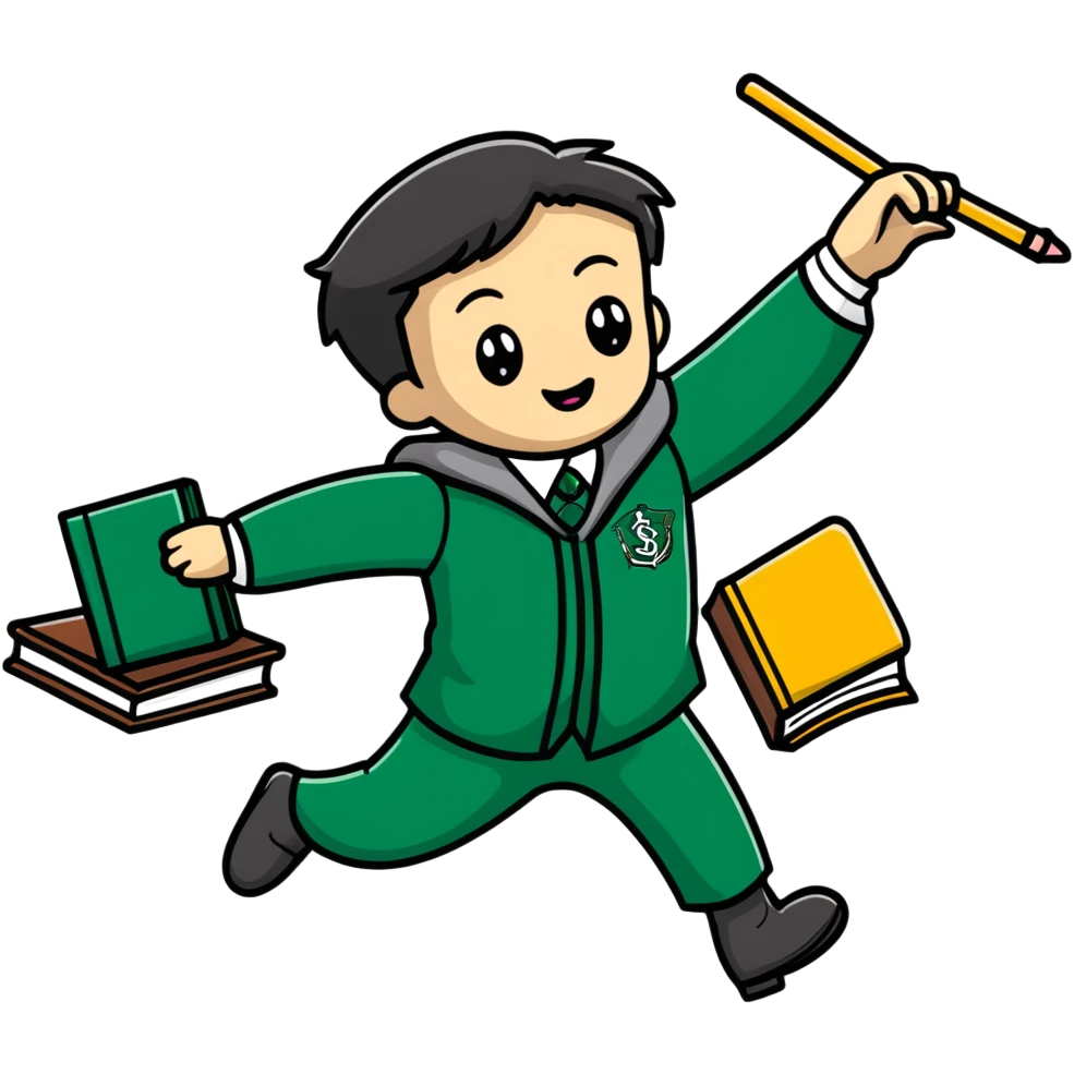 Slytherin student tripping and falling with books and wand flying emoji