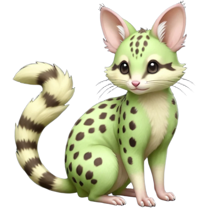 Light-neon-green, soft realistic romantic vintage antique divine beautiful elegant pretty precious cute young youthful  Fakémon-Pokémon-opossum-feline-mouse-serval-caracal-chinchilla-Minccino-Cinccino-Meowstic-rodent-hybrid-creature (full body) emoji