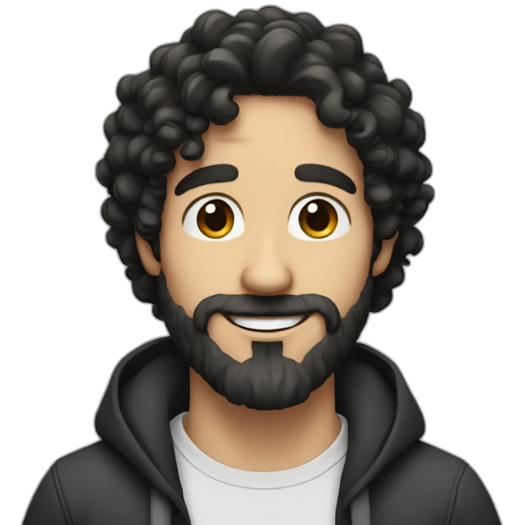 white skin guy with black long curly hair, medium beard and big nose smiling emoji