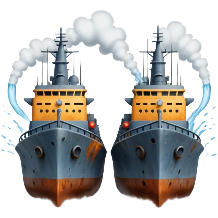 two warships colliding, dramatic impact, water splashing, expressive faces on ships emoji