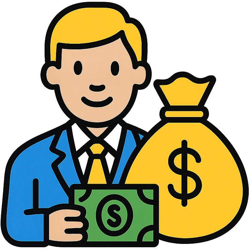 Businessman with money bag, rich man with cash emoji