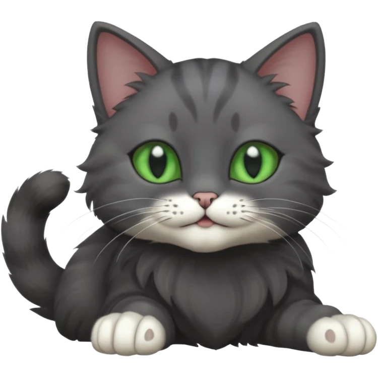 solid dark grey cat with green eyes, completely solid grey face, white toes/paws playfully rolling upside down emoji