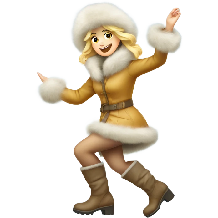 blonde lady in a fur hat dancing in the snow full body fur boots emoji