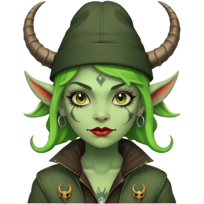 green girl demon with tattoos, hat, jacket and horns emoji