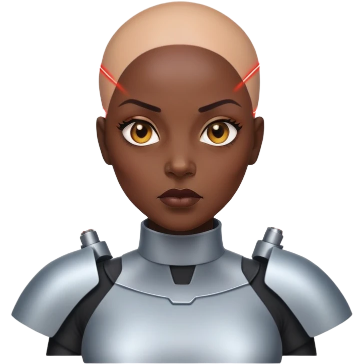 bald black woman with a laser shield and mad emoji