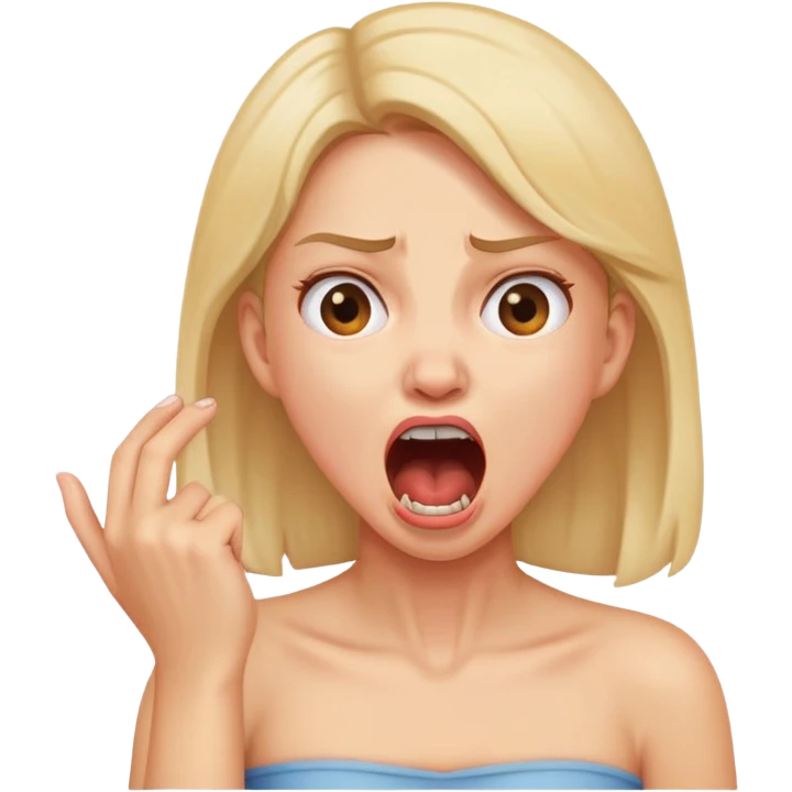 Girl holding neck in annoyance and mouth open yelling emoji