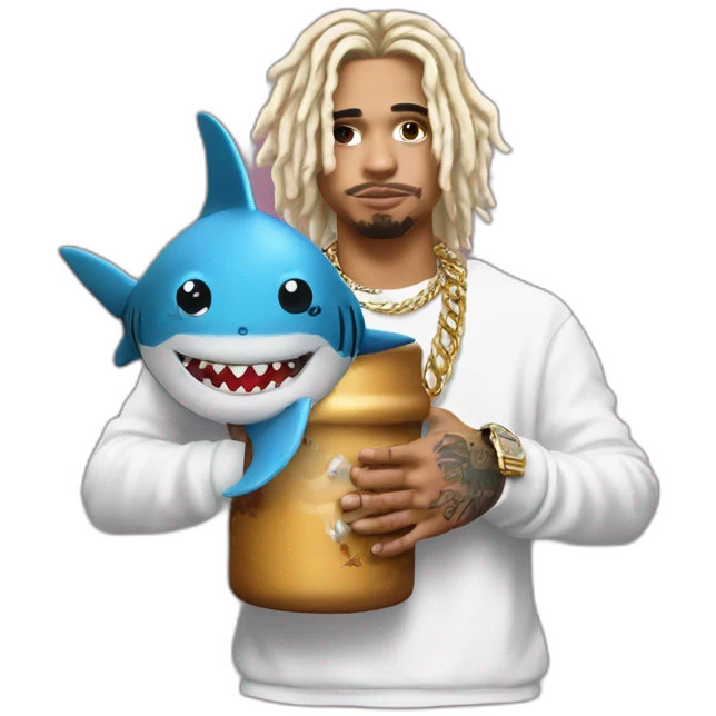 Lil Pump holds a double cap with a shark in his arms emoji