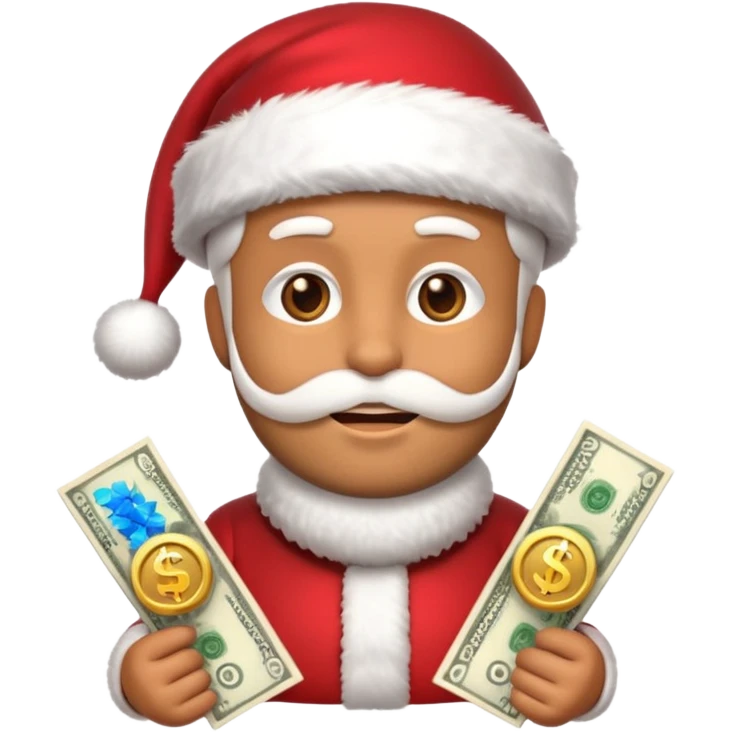 A confident rich emoji face wearing a Santa hat, money stacks, casino vibe, New Year theme, premium 3D emoji style, sharp details, no text, isolated on transparent background emoji