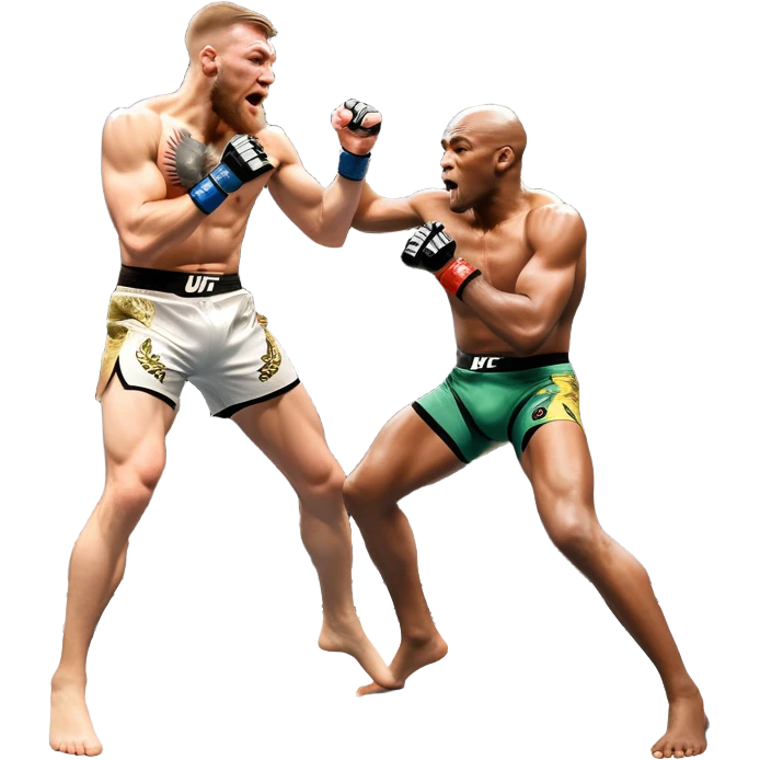 An MMA showdown between Conor McGregor and Anderson Silva in the octagon. McGregor is executing a jumping strike, while Silva skillfully deflects the attack. The background shows the UFC octagon with roaring fans and vibrant energy. Transparent background. emoji