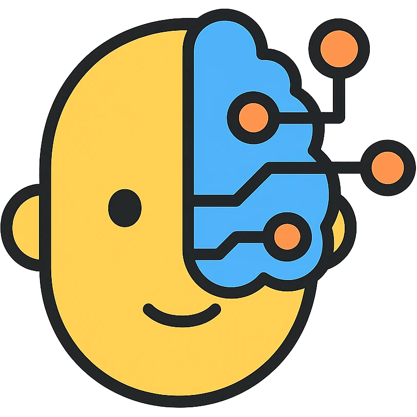 color outline icon of a face with a circuit brain, symbolizing AI thinking emoji