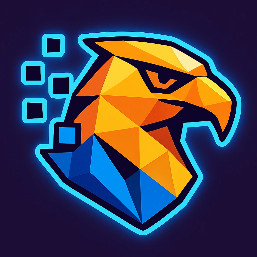 Add a vibrant blue neon glowing effect around the mini icon version of the abstract eagle head logo, emphasizing the AI and digital theme. Keep the design clean, modern, and visually striking, suitable for use as a small icon. emoji
