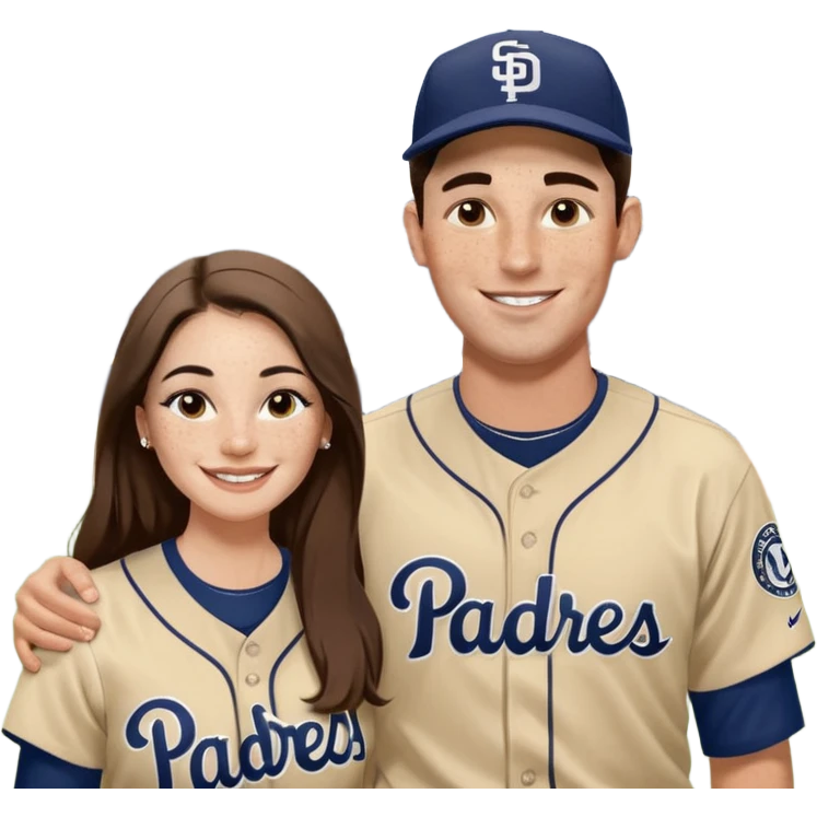 *White* Smiling couple. Woman has big cheeks and a lot of freckles on the nose. long brown hair. Man has black and very short hair and prominent eyebrows with egipcian nose. Both are wearing “Los Padres” baseball jerseys and with a sign that says “Go Padres!” emoji