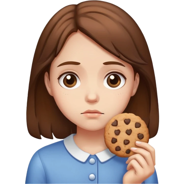 Sad girl with brown hair holding a cookie emoji