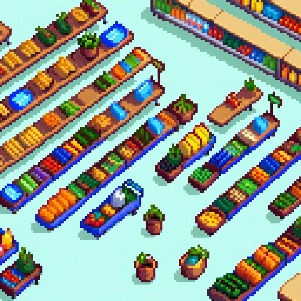 Isometric view of a supermarket with shelves of products, shopping carts, and checkout counters emoji