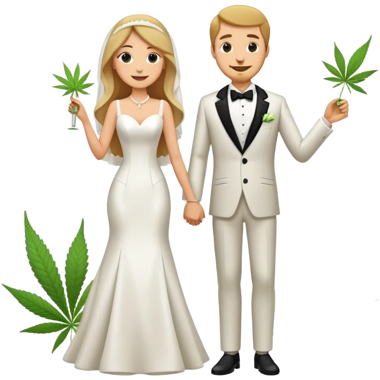 Full body view of bride in white dress and groom in tuxedo sharing a cannabis joint, cheerful cartoon wedding couple standing together emoji