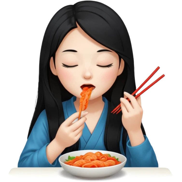 Girl with black long hair eat kimchi close eyes chopstick emoji