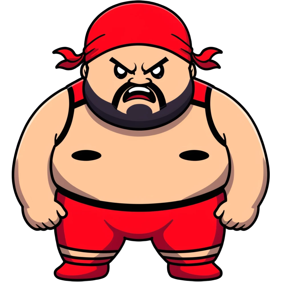 White skin fat guy with prominent black durag, shaved beard stubble, black eyes in a red and black wrestling singlet with angry face emoji
