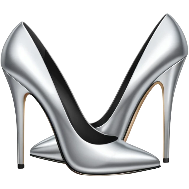 A pair of high heel shoes emoji made of polished silver chrome, elegant sharp silhouette, smooth metallic surface, glossy reflections, luxury sexy vibe, minimalistic iOS emoji style, centered, clean white background emoji
