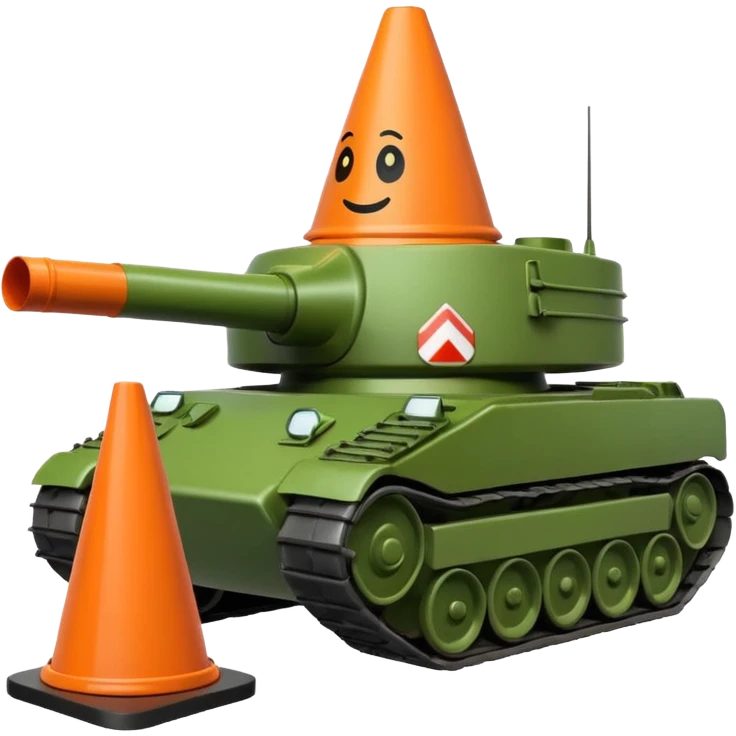 green military tank running over a traffic cone with a sad face, cone visible under the treads, emoji style emoji