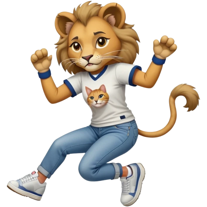 friendly anthropomorphised female lion in a baseball shirt, jeans, and trainers helping a hip-hop, RUN DMC-inspired female cat up after falling down emoji