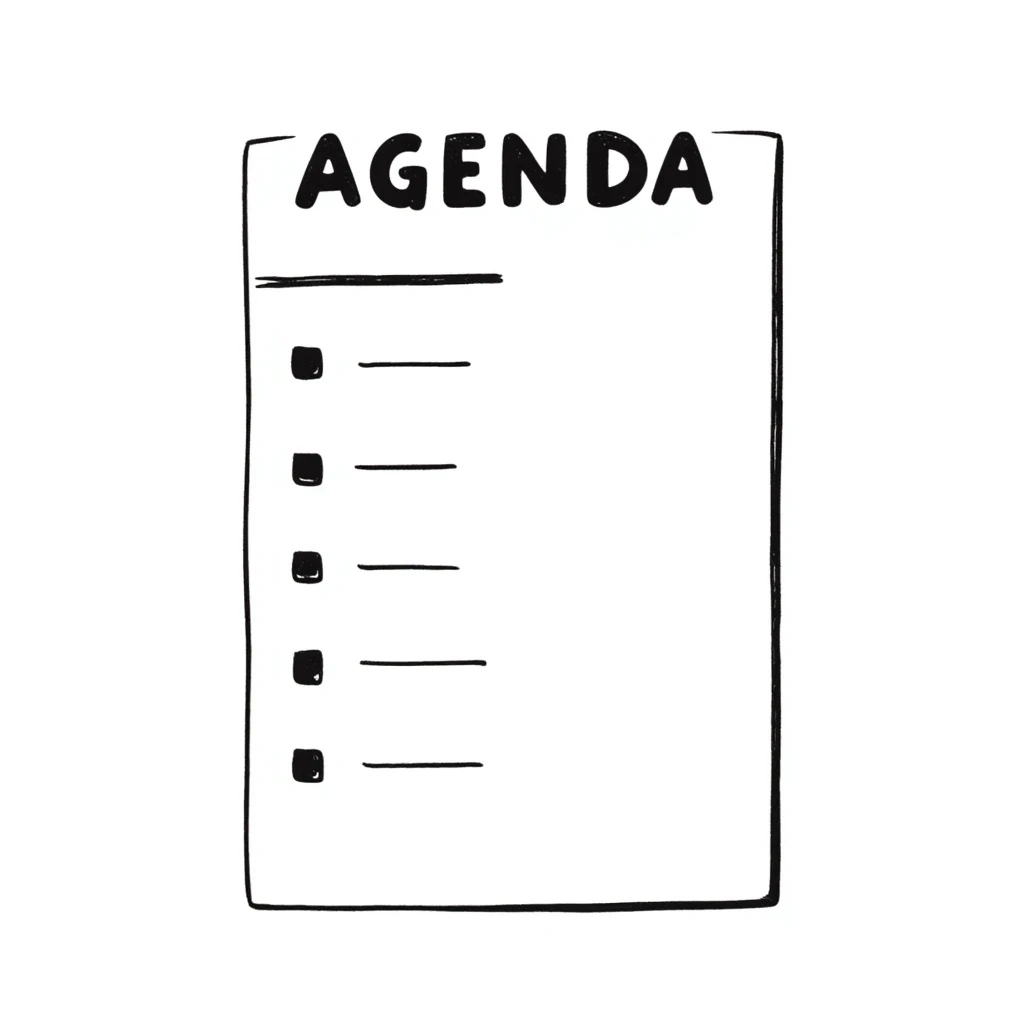 A notebook with 'AGENDA' written on top and meeting items listed below emoji