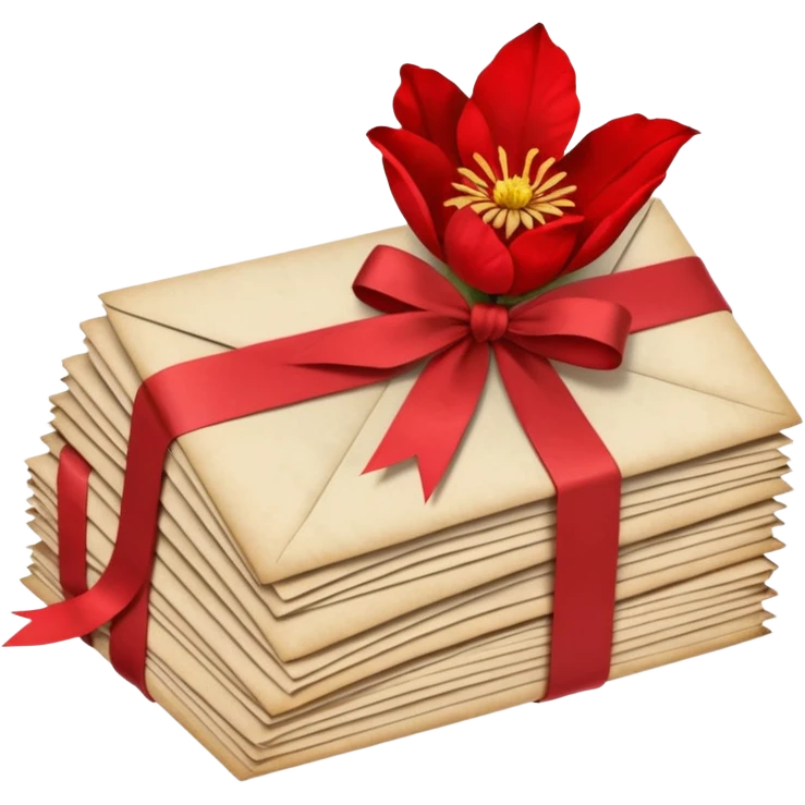 A beautifully arranged Stack of aged letters, tied with a red ribbon, envelopes, corespondence, aesthetic, red flower petals around, mails emoji