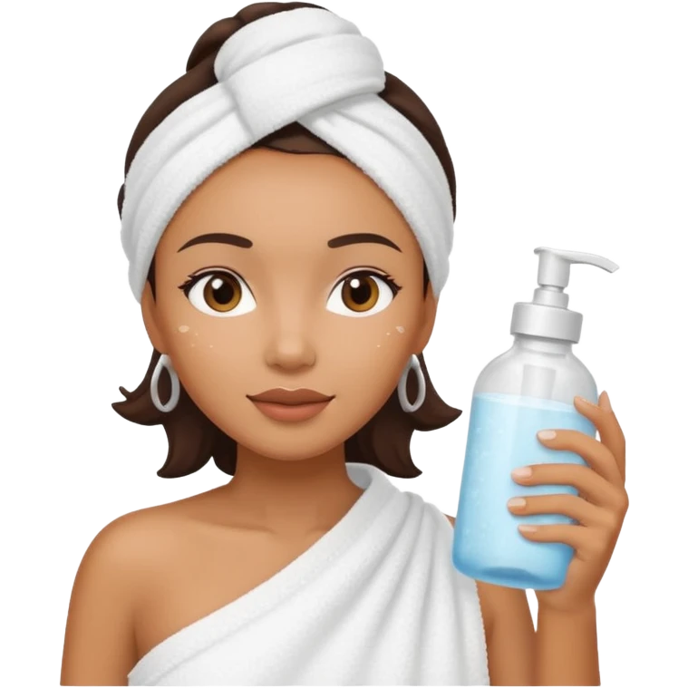 Mixed-race woman with caramel skin, wearing a white towel around her body, holding a frosted glass skincare bottle emoji