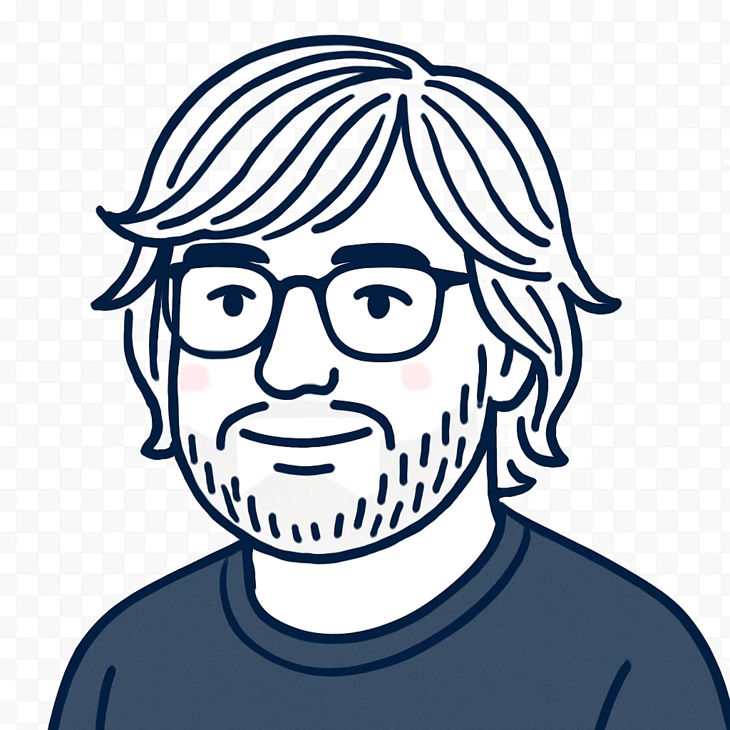 A man with stylish glasses, attractively disheveled longer hair that still looks nicely styled with perfect bangs across the forehead, a round face shape, and a broader nose. Use dark indigo blue for all primary outlines and details, very subtle pink highlights restricted to the cheeks, and gray tones used only for the beard and minimal shadow details where necessary. emoji